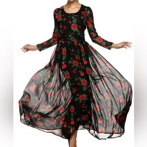 Finejo floral black dress with red roses.